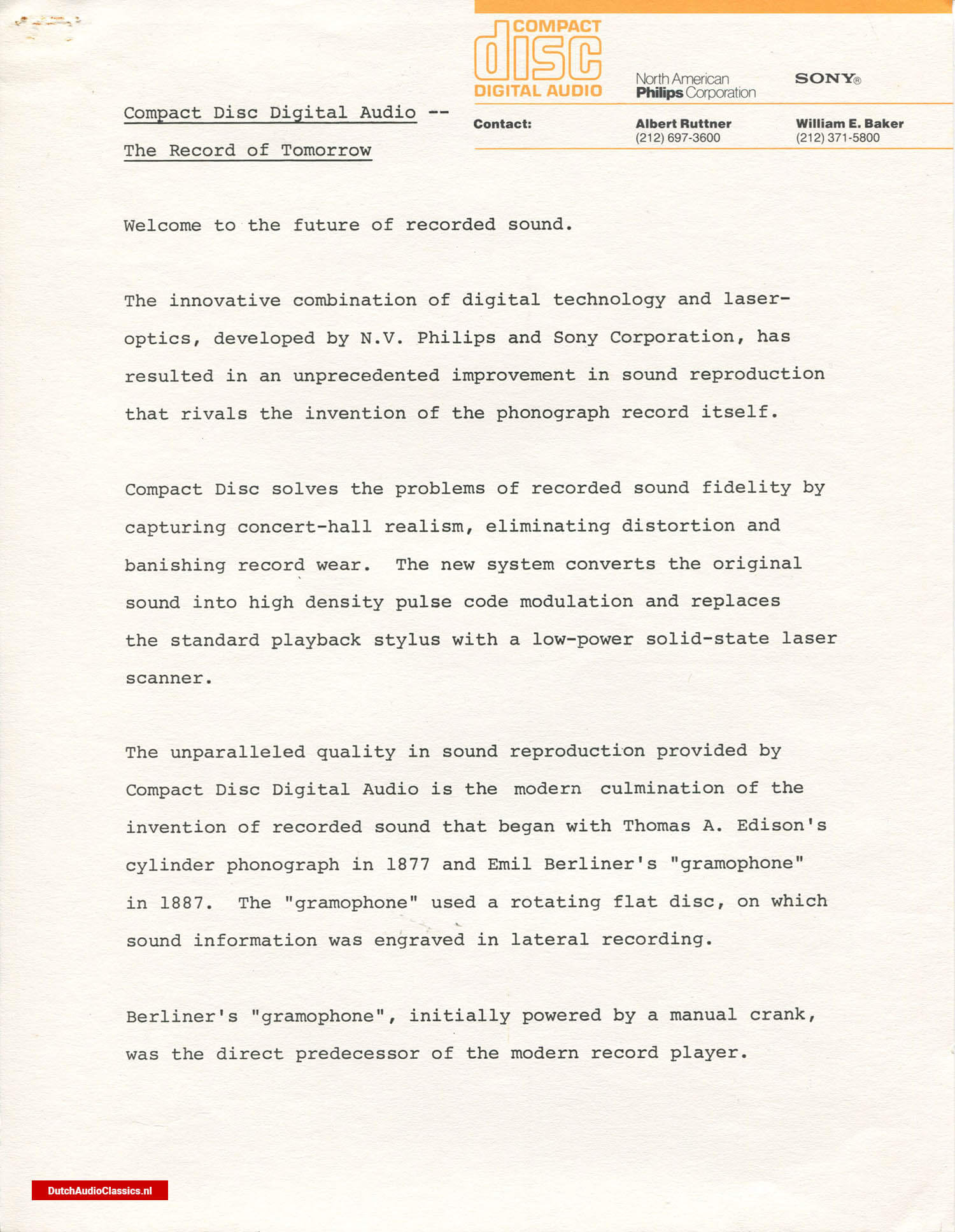 Philips/Sony press kit 27 May 1981 New York