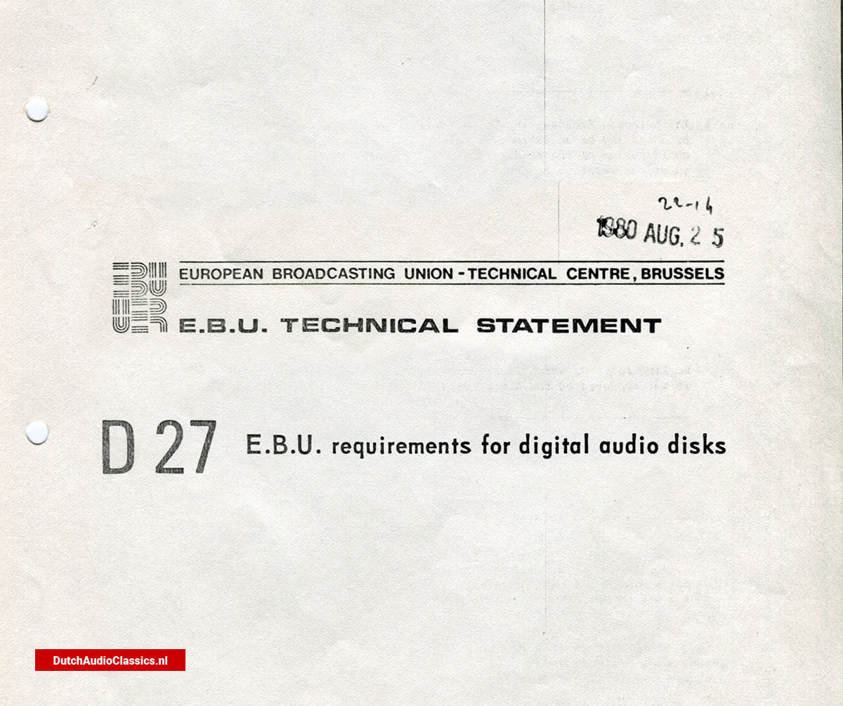 EBU Technical Statement D27 - requirements for digital audio disks - 1980