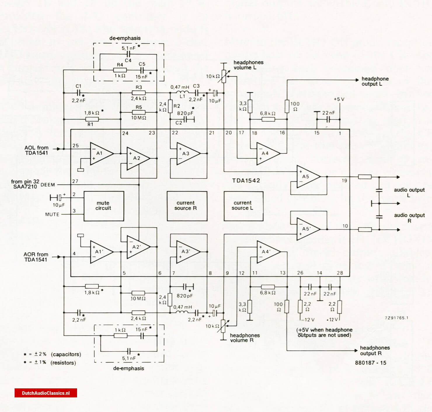 Internal circuit pf the Philips TDA1542 together with the external components required to make it into a third-order low-pass filter.