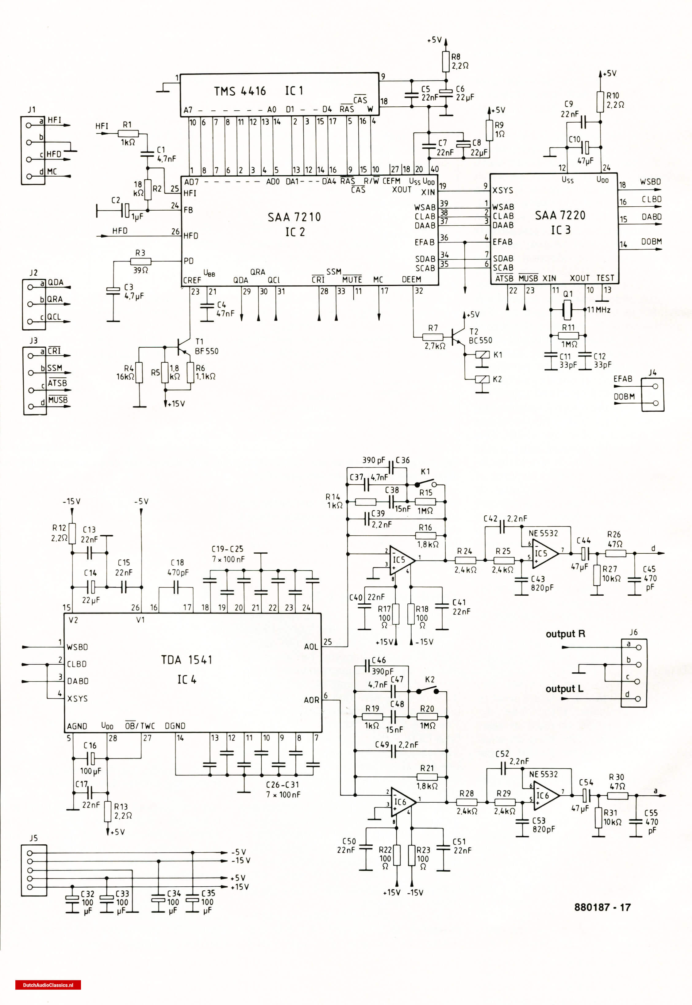Circuit diagram of the decoder and digital-to-analogue converter stages in a typical second-generation cd player.