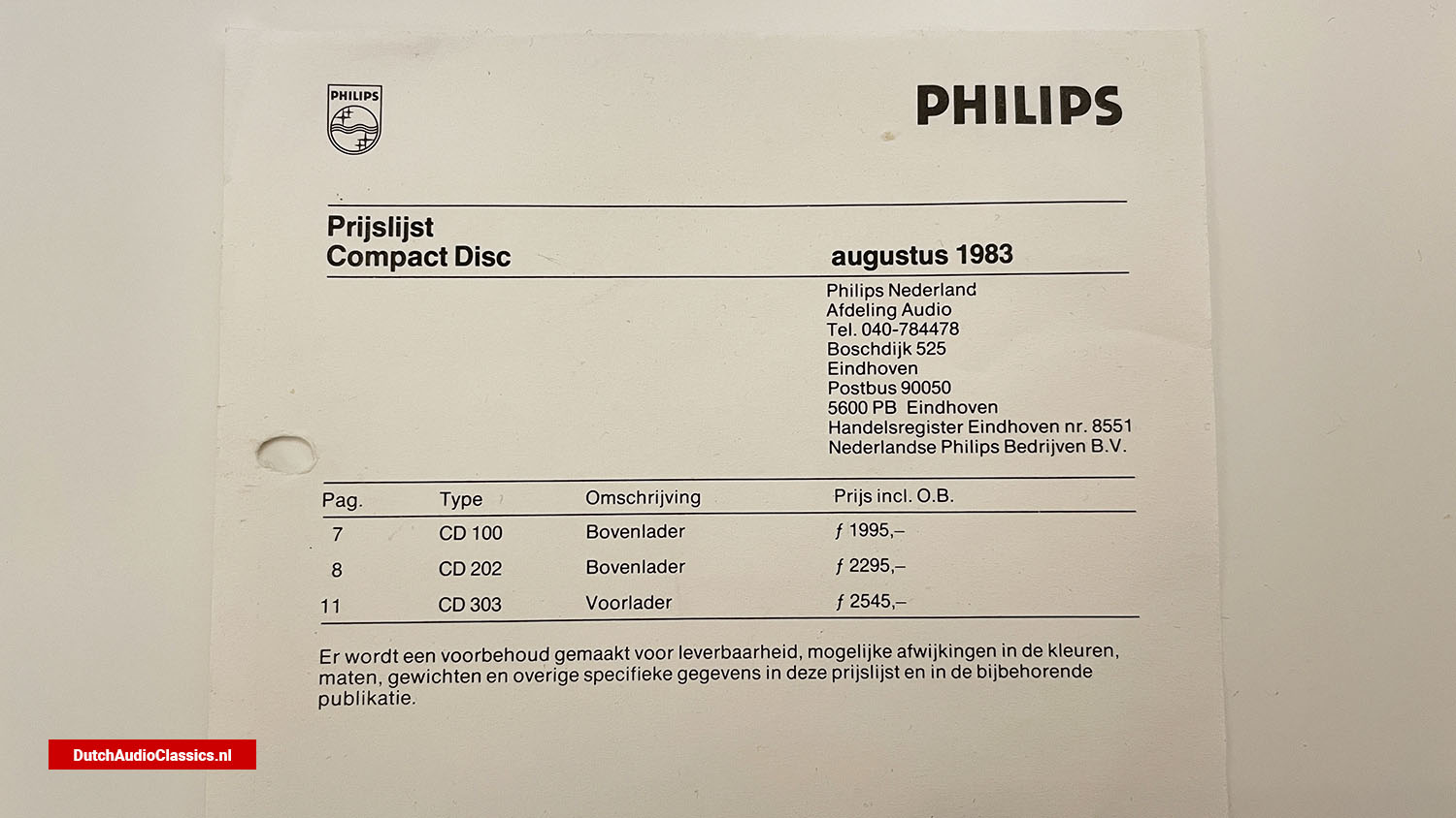Pricelist Philips cd100 cd200 cd300 August 1983