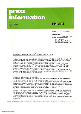 Philips Press Release Diode Laser recorder gives 10-10 user bits per 12inch disc English press release 1978 PDF - Philips