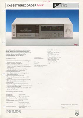 Philips F6133R cassettedeck 1984 product information PDF - Philips
